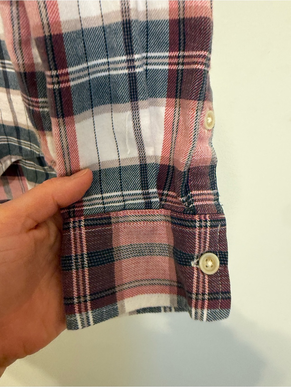 2/$30 Lucky Brand Saturday Stretch Plaid Flannel Shirt Medium Pink Blue Cream - Picture 5 of 8